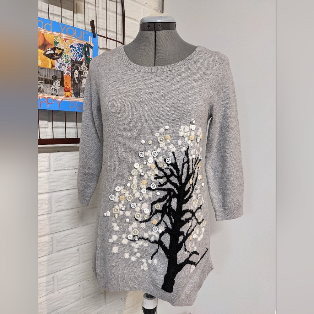 Anthropologie Monogram HWR Button Tree Tunic Sweater XS